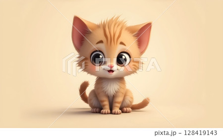 A cute fluffy cream-colored kitten sitting calmly on a soft beige background 128419143