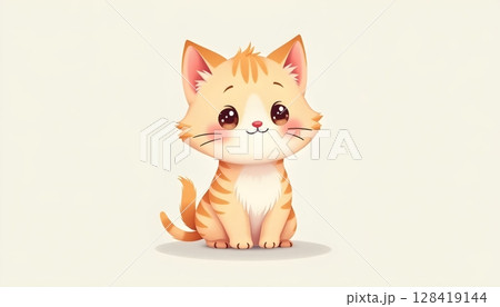 A cute fluffy cream-colored kitten sitting calmly on a soft beige background 128419144