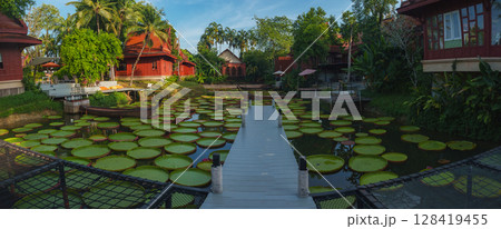 Thai style red wooden buildings surrounded by greenery, a pond with lily pads, a white walkway, wooden boats, and tropical palm trees in Thailand. 128419455