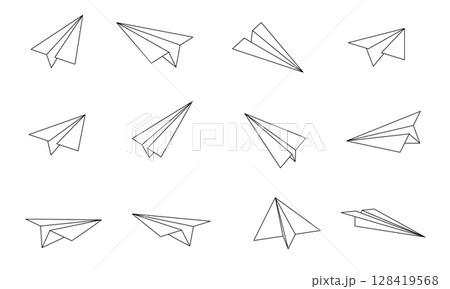 Paper plane and airplane for mail or flight with thin outline drawing and pictogram, created as web art illustration by jet design. Vector icon 128419568