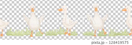 Seamless watercolor border with cute goose in grass. Funny animals in nature. Hand drawn illustrations set Seamless watercolor border with cute goose in grass. Funny animals in nature. Hand drawn illustrations set 128419575