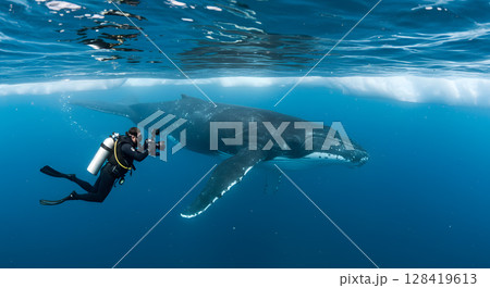Diver Swims beside Humpback Whale in Arctic Ocean 128419613