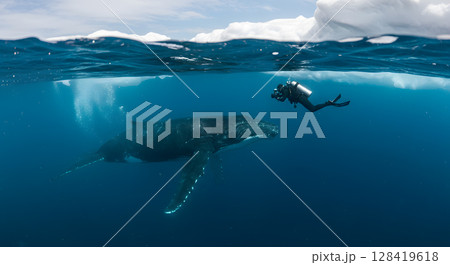 Scuba Diver Encounters Majestic Humpback Whale in Arctic Ocean Waters 128419618