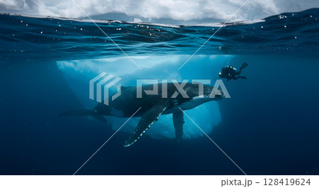 Underwater View of Diver Encountering a Humpback Whale Beneath Arctic Ice 128419624
