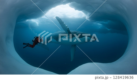 Underwater Diver Swimming with Humpback Whale in Arctic Ocean 128419636