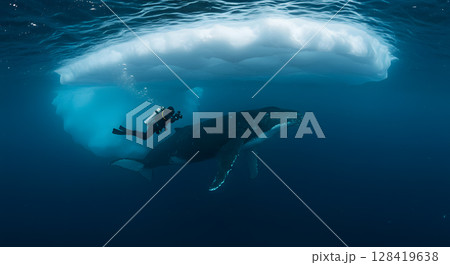Diver Exploring Underwater Near a Humpback Whale and Iceberg 128419638