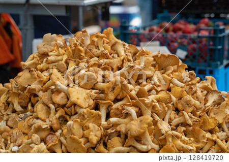 Large heap of golden chanterelle mushrooms on a market. Close-up of many chanterelle fungi. Harvested edible yellow forest mushrooms 128419720