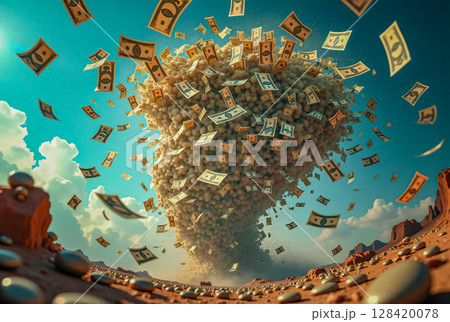 A raging tornado of paper money. A huge tornado of swirling paper money dominates the scene against a clear blue sky. A raging tornado of paper money. A huge tornado of swirling paper money dominates the scene against a clear blue sky. 128420078