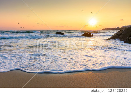 beach at sunrise. beautiful landscape for summer vacations in europe. birds on the orange sky above waves. scenic seascape with sand coast. water splash 128420223