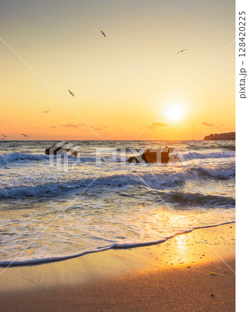beach at sunrise. beautiful landscape for summer vacations in europe. birds on the orange sky above waves. scenic seascape with sand coast. water splash 128420225