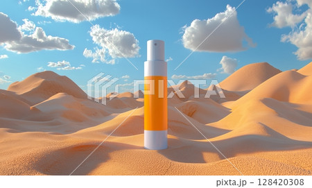 A bottle of spray sunscreen, placed in sand under bright sunlight against a blue sky. A bottle of spray sunscreen, placed in sand under bright sunlight against a blue sky. 128420308