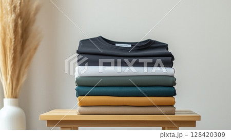 Stacks of neatly folded t-shirts, set against a minimalistic background. Stacks of neatly folded t-shirts, set against a minimalistic background. 128420309