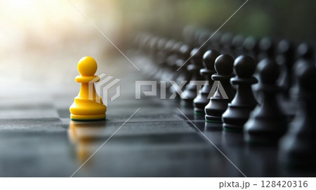 A lone yellow pawn steps away from a row of black pawns, with a calm mist. A lone yellow pawn steps away from a row of black pawns, with a calm mist. 128420316