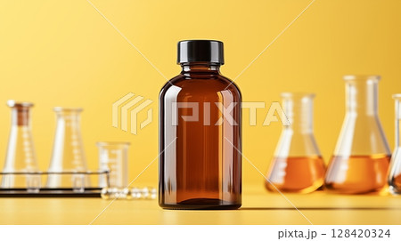 A golden-brown bottle of the supplement is centered on the table in front of beakers and test tubes.  128420324