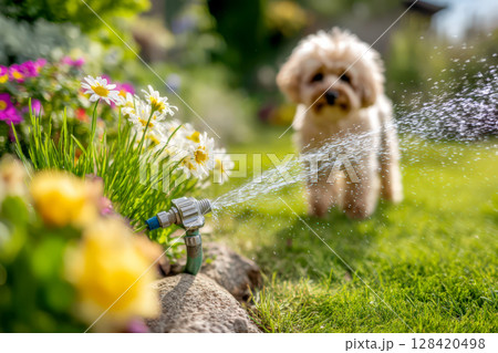庭の花壇の前のトイプードル 128420498