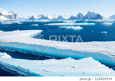 極地の海氷と雪山が作る神秘的な大自然のパノラマ 128420554