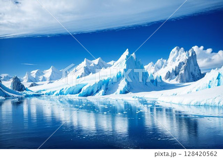氷河の尖塔と雪化粧した山々の壮大なパノラマ 128420562