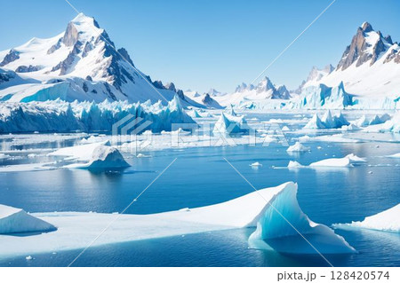 氷山群と雪化粧した山々の壮大な景色 128420574