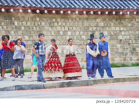 景福宮を背にレンタル用韓服のチマチョゴリと官服風の装いをしている人達（オリジナル画像からAI生成） 128420719