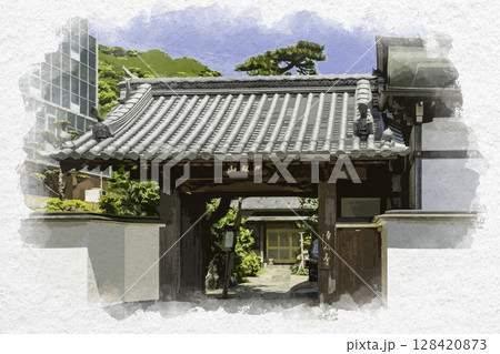 水彩画風　徳島市寺町　源久寺　徳島県徳島市 128420873