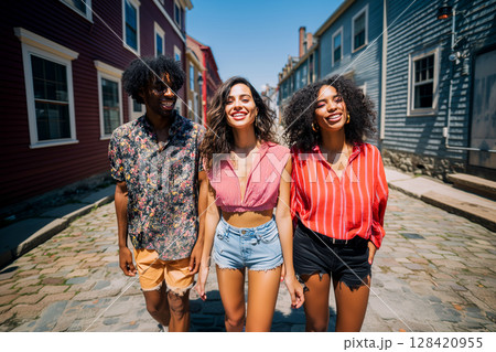 Three young women are walking down a cobblestone street, smiling and laughing 128420955