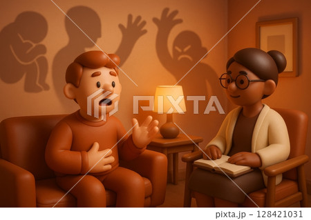 Cartoon-style man expressing emotions during therapy while symbolic shadows of fear, childhood trauma, and anger appear on the wall. 128421031
