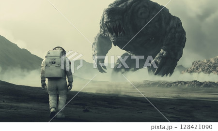 Astronaut encounters a giant creature on a distant alien planet during a foggy atmosphere 128421090