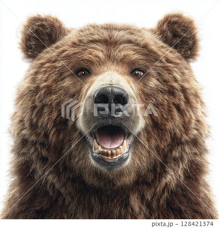 白い背景で笑顔を見せるグリズリーベア 白い背景で笑顔を見せるグリズリーベア 128421374