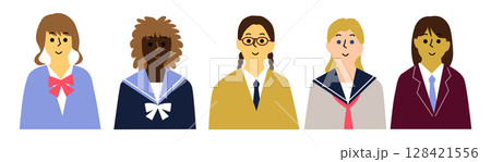いろんな国の女子学生たち制服正面上半身アイコンセット5人 128421556