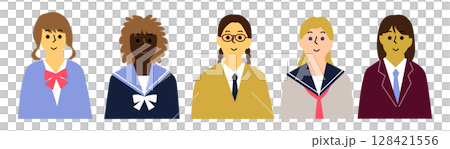 Female students from various countries, uniforms, front upper body icon set, 5 people 128421556