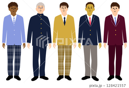 いろんな国の男子学生たち制服正面全身アイコンセット5人 いろんな国の男子学生たち制服正面全身アイコンセット5人 128421557