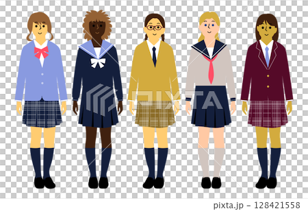 Female students from various countries in uniforms, front view, full body icon set, 5 people 128421558