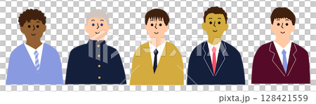 Male students from various countries, uniforms, front upper body icon set, 5 people 128421559