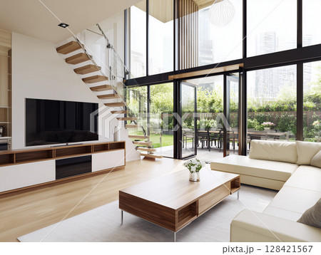 AI生成画像 モダンな新築住宅のリビングルーム AI生成画像 モダンな新築住宅のリビングルーム 128421567