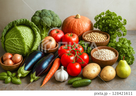 Fresh harvest of various organic vegetables and grains on table. Concept for healthy eating, vegetarian diet, and farm market produce 128421611