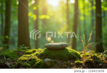 Zen stone on mossy podium in magical sunlit forest, empty natural pedestal for wonderful spa or wellness product presentation Zen stone on mossy podium in magical sunlit forest, empty natural pedestal for wonderful spa or wellness product presentation 128421636