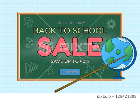 Back to school sale banner with chalkboard, globe, and pointer stick. Academic classroom supplies promotion illustration on graph background. For seasonal shopping advertisement, marketing material. 128421889