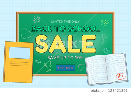 Back to school sale banner with green chalkboard, yellow notebook, and open graded workbook illustration on graph background. For seasonal promotion, shopping advertisement, and marketing material. Back to school sale banner with green chalkboard, yellow notebook, and open graded workbook illustration on graph background. For seasonal promotion, shopping advertisement, and marketing material. 128421891