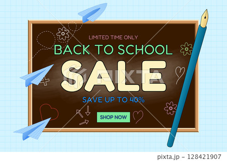 Back to school sale banner with brown chalkboard, paper planes, fountain pen, and doodles on checkered background. For seasonal promotion, shopping advertisement, online store, and marketing material. 128421907