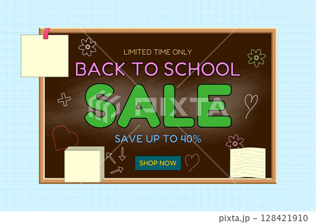 Back to school sale chalkboard with sticky notes, hand-drawn doodles, and discount message on grid paper background. For seasonal promotion, shopping advertisement, online store, marketing material. Back to school sale chalkboard with sticky notes, hand-drawn doodles, and discount message on grid paper background. For seasonal promotion, shopping advertisement, online store, marketing material. 128421910