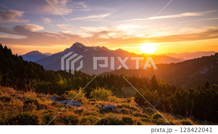 An enchanting mountain landscape unfolds with a vibrant sky at either sunrise or sunset, revealing a panoramic view of nature's beauty across forests, valleys, and meadows An enchanting mountain landscape unfolds with a vibrant sky at either sunrise or sunset, revealing a panoramic view of nature's beauty across forests, valleys, and meadows 128422041