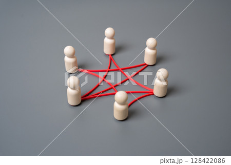 People in a circle are connected by lines and connections. Teamwork, digital connectivity, or interlinked systems. Networking, social interaction, corporate structures, or tech ecosystems. People in a circle are connected by lines and connections. Teamwork, digital connectivity, or interlinked systems. Networking, social interaction, corporate structures, or tech ecosystems. 128422086