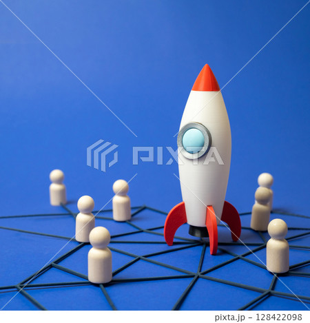 Rocket and a network of connected people. Cooperation in the aerospace industry. International cooperation, team-based innovation, or global workforce integration in space technology. 128422098