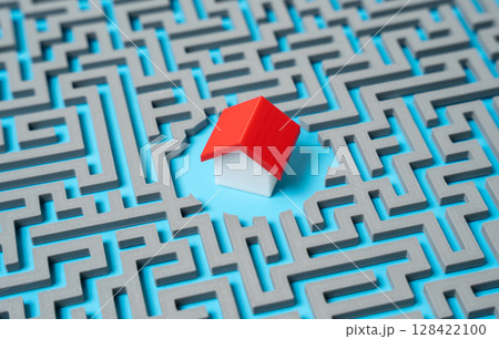 A house in the middle of a labyrinth mazes. Difficulty in buying your own home. Infrastructure and transport system, laying a route. Obstacles to homeownership, bureaucratic complexity 128422100