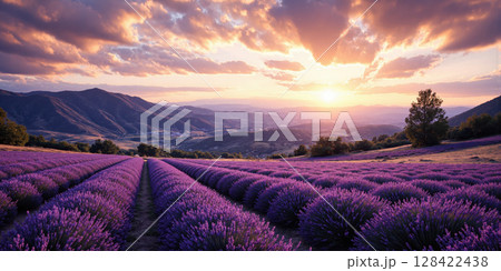 Lavender Field Sunset Mountains Rows of Purple Lavender Flowers at Sunset with Mountain View 128422438
