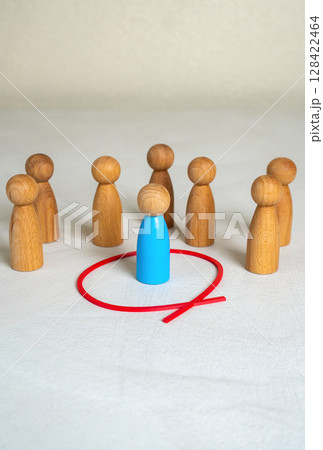 The man is separated from the crowd by a red line. Isolation from society. Safety and personal boundaries. Mental health, introversion, or creating healthy limits. Societal rejection The man is separated from the crowd by a red line. Isolation from society. Safety and personal boundaries. Mental health, introversion, or creating healthy limits. Societal rejection 128422464