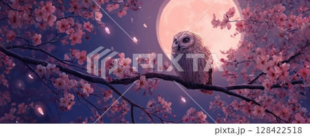 Owl under the Full Moon and Cherry Blossoms Owl under the Full Moon and Cherry Blossoms 128422518