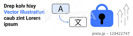 Large lock, text in different languages, arrows ascending, text box with English letter A and foreign script character. Ideal for localization, translation services, language learning, cyber 128422747