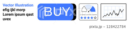 Blue BUY button, rating system with triangle dial and stars, financial chart with rising graph. Ideal for e-commerce, user interfaces, online shopping, ratings systems, financial dashboards, business 128422784