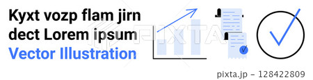 Business growth chart with upward arrow, document review with clipboard, and approval checkmark in blue and black. Ideal for business reports, presentations, marketing materials, startup plans Business growth chart with upward arrow, document review with clipboard, and approval checkmark in blue and black. Ideal for business reports, presentations, marketing materials, startup plans 128422809